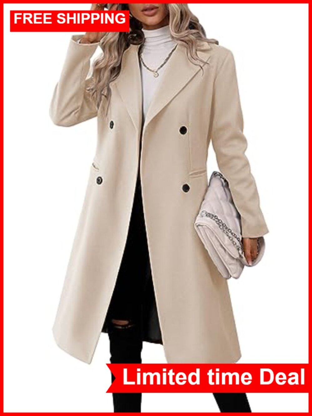 Women's Long Double Breasted Pea Coat Slim Fit Wool Blend Winter Overcoat